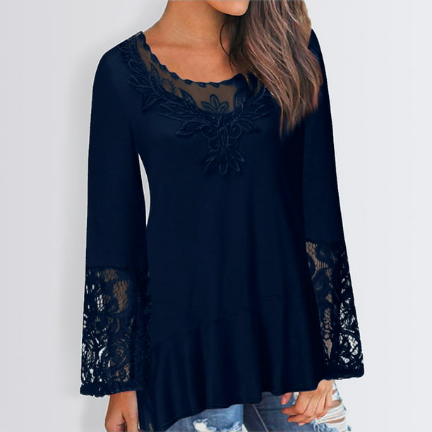 Embroidered Lace Blue Long Sleeves Tunic Top with Medium Size 
